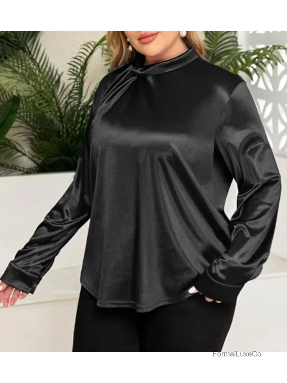 Plus Size Satin Blouse Long Sleeve Twist Mock Neck Dressy Office Work Top